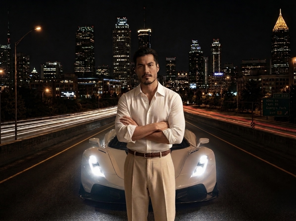 Louis Nguyen, founder of Mystic MD, standing in front of a white supercar with the Atlanta skyline behind him